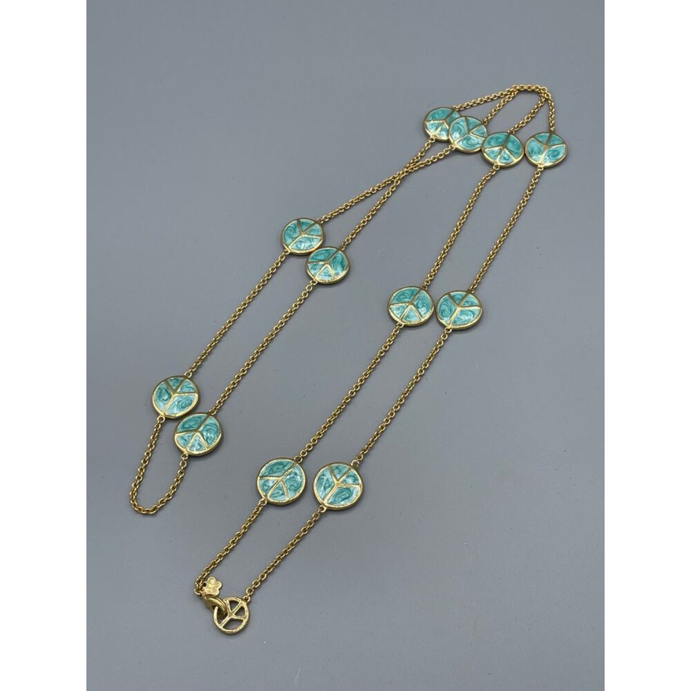 Lauren G Adams PEACE SIGN Teal Enamel Station Necklace Gold Plated 42 in. Long